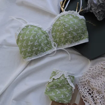 

Wriufred Cotton Embroidered Bra Set Cutout High Elastic Strap No Steel Ring Bra Women Super Push Up Bandage Underwear Set