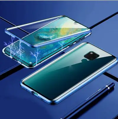 Синий Магнитный адсорбционный чехол для huawei mate 20X5G металлическая рамка Прозрачный Закаленное стекло матовый чехол 20X5G Магнитные Флип-Чехлы mate 20X - Цвет: Синий