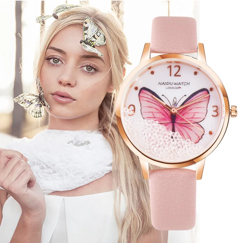 Best Fashion Women Watch Quartz Leather Strap Butterfly Quicksand Rhinestone Dial Ladies Clock Wrist Watch Relogio Feminino