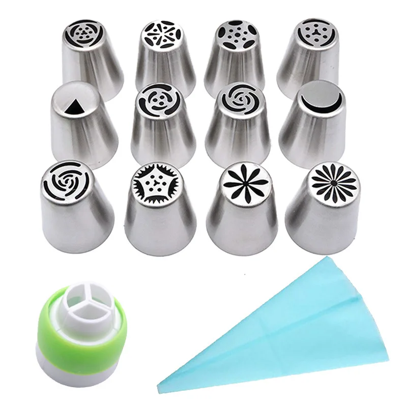 

14Pcs/Set Silicone Kitchen Accessories Icing Piping Cream Pastry Bag 12 Stainless Steel Nozzle Set DIY Cake Decorating Tips Set