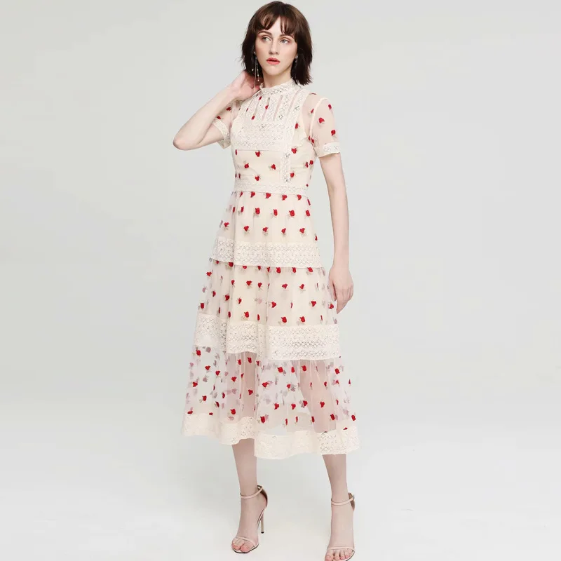 Высококачественное элегантное Сетчатое платье, летнее платье с цветочной вышивкой, шикарное женское кружевное платье A461