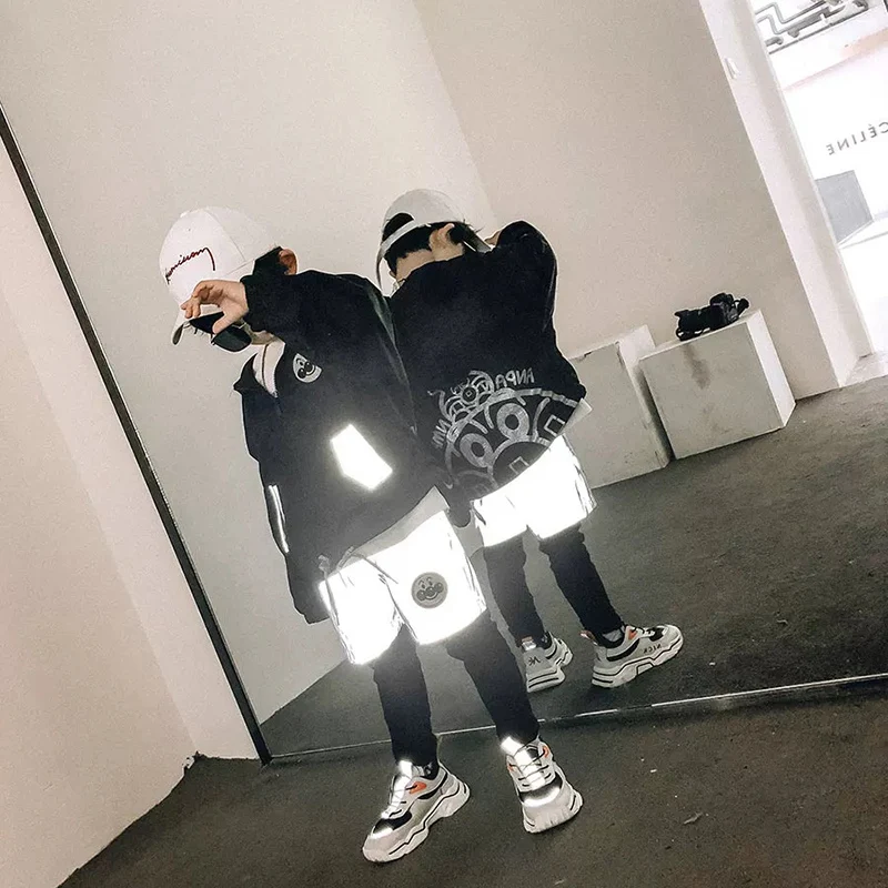 

Spring Full Reflective Jacket For Boys Girl Hooded Streetwear Night Shiny Zipper Long Sleeve Korean Cropped Jacket Clothing Set