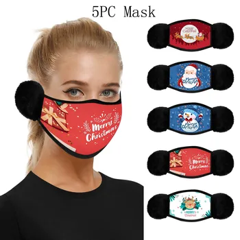 

5PC 2-in-1 Winter Thicker Warm Mask with earmuffs mascarillas Unisex Adult Winter Mask Print Warm Hair Ball Hanging Ear Mask