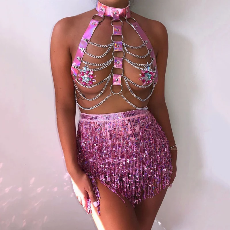 Bling Wet Look голографические блестки наряды полые звенья цепи топы с чокером длинные кисточки бандажные юбки сексуальные женские вечерние комплект из двух предметов