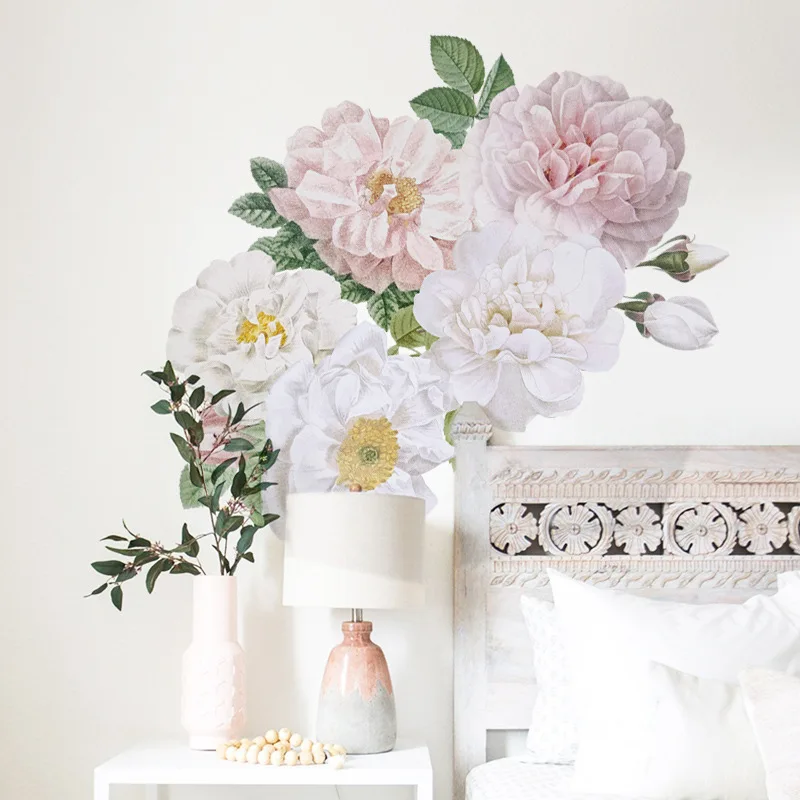 Watercolor Sweet Pink White Peony Wall stickers Flower Wall Decals for Baby Nursery Room Decoration Living Room Bedroom Decor