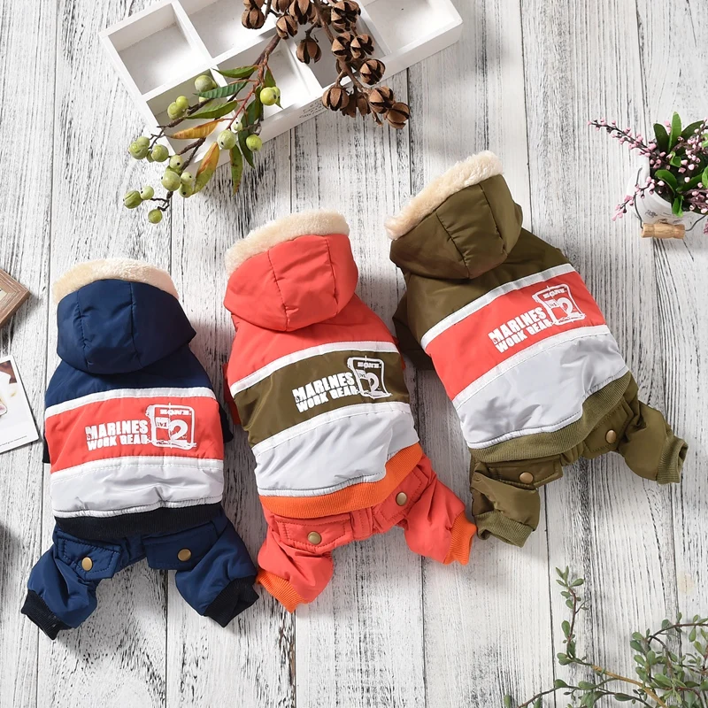 

Hat With Fur Snow Dog Clothes Blue Orange Green Windproof Hooded Four-Legged Cotton Pet Down Jackets Winter Warm Cat Accessories