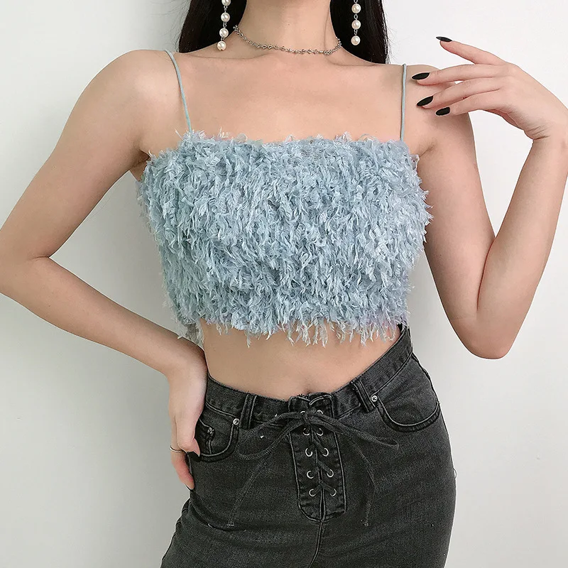 Shstyle, пушистый топ с кисточками,, летний, женский, искусственный мех, на тонких бретелях, короткий топ, бюстье, сексуальный, основной, полиэстер
