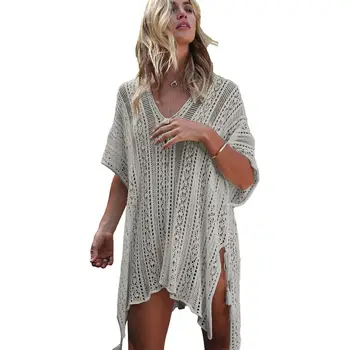 

New Knitted Hollow Sexy V-Neck Bat Sleeve Side Straps Loose Beach Skirt Neck Skirt Swimwear Bikini Outer Cover