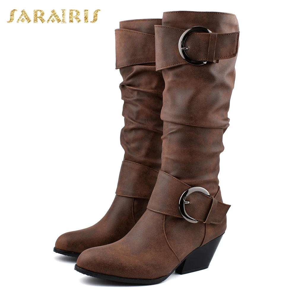 

Sarairis Western Boots For Women Med Calf Boots Metal Bukle Design Shoes Woman Slip On Winter Autumn Boots Plus Size 34-48