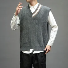 Осенний свитер жилет мужской модный контрастный цвет Повседневный свитер с v-образным вырезом пуловер Мужской уличная свободная жилетка с дырками свитер M-5XL