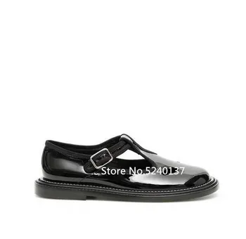 

European Design Thick Bottom Women Flats Hollow Black Patent Leather Buckle Strap Genuine Leather Flat Shoes Female