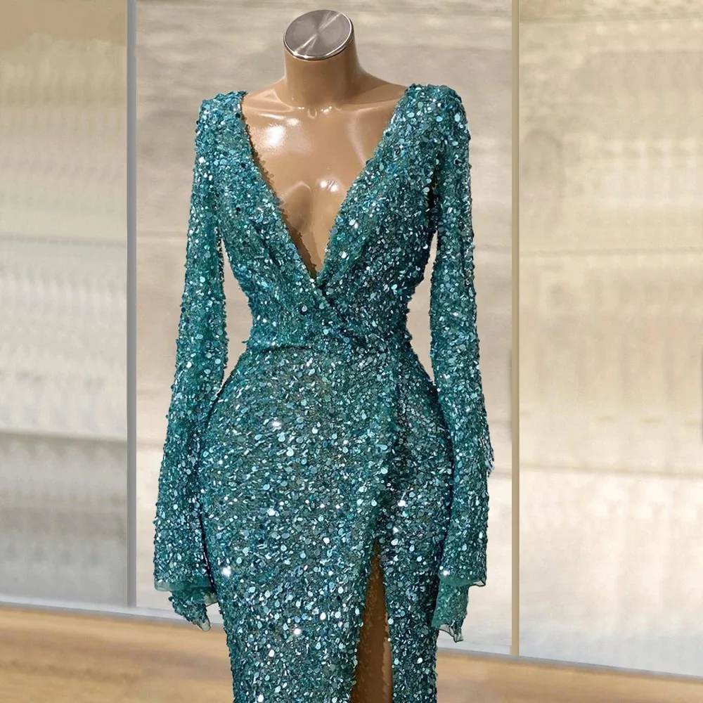 Blue Glitter Sequins Mermaid Evening Gowns Long Sleeves Sexy Deep V ...