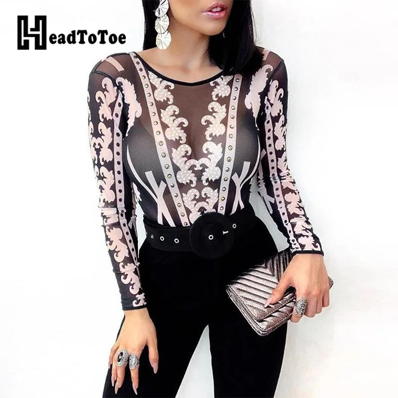

Rivet Sheer Mesh Print Casual Blouse