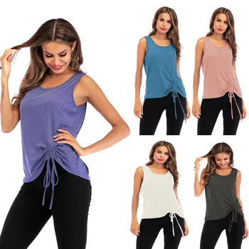 

Women Solid Color Twisted Pleated Sleeveless V-Neck Loose Lady Tank Nice New Polyester Tee Loose Medium Long Button Brief Vest
