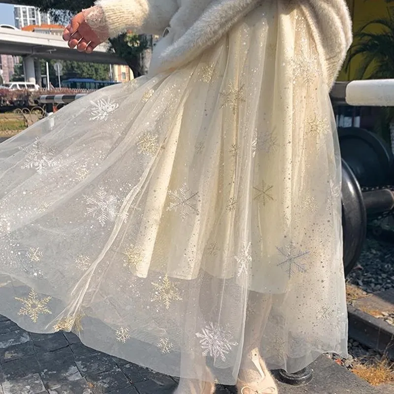 

Mesh skirt with long high waist snowflake print long skirt A-line skirt and fairy skirt Fashion Casual Full Elegance Empire