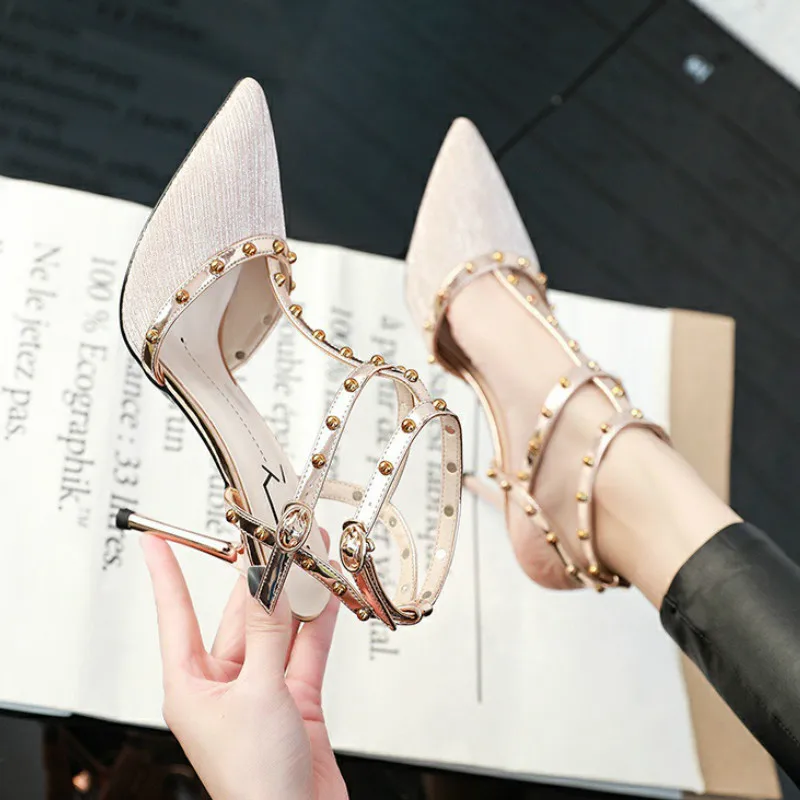 

Fashion Summer New High-Heeled Sandals Party Buckle Strap Solid Sexy Rivet Front & Rear Strap Thin Heels 9cm High Heels Pointed