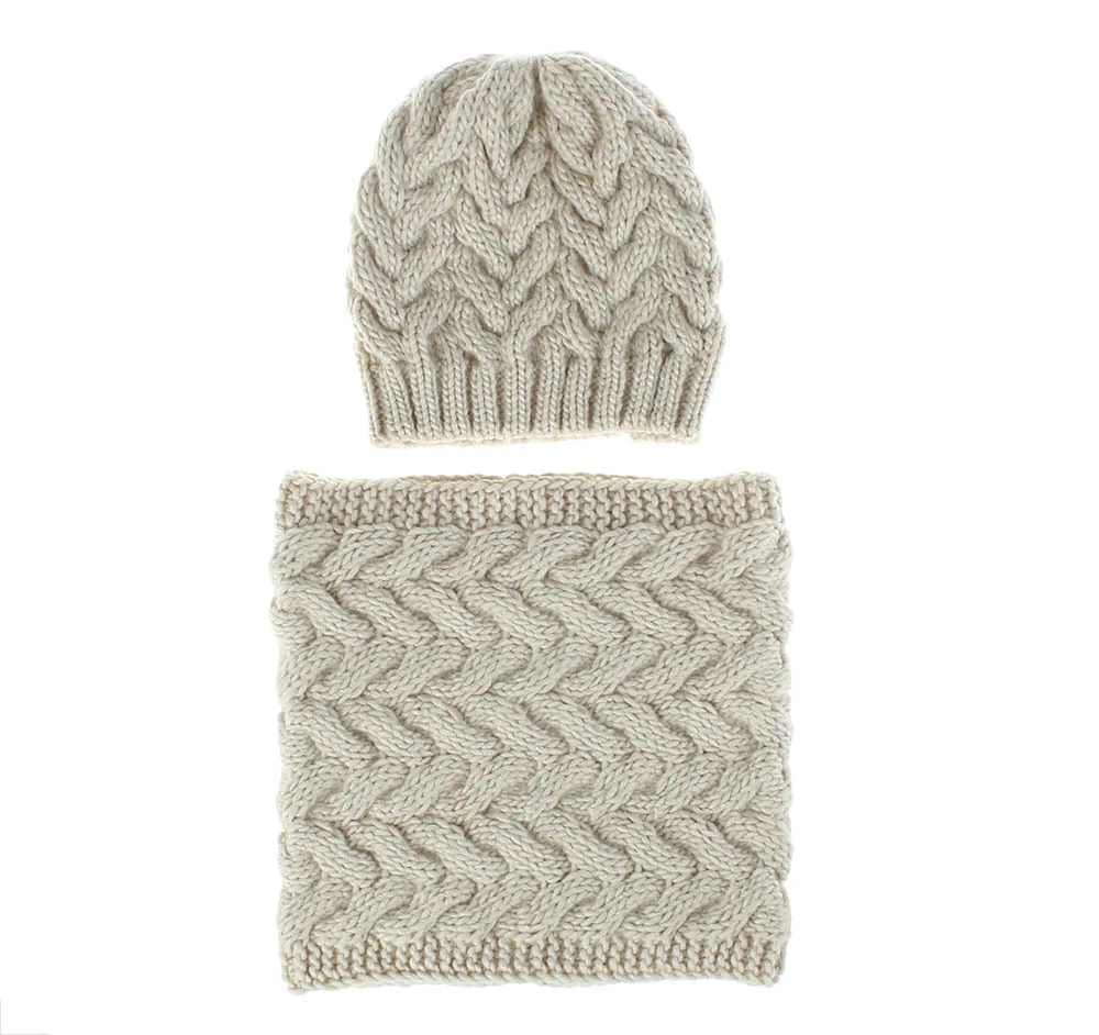 Бежевый New Style Knitted Hat Scarf Set European And American-Style Winter WOMEN'S Hat Twist Knitting Wool Cap Warm Scarf - Цвет: Бежевый