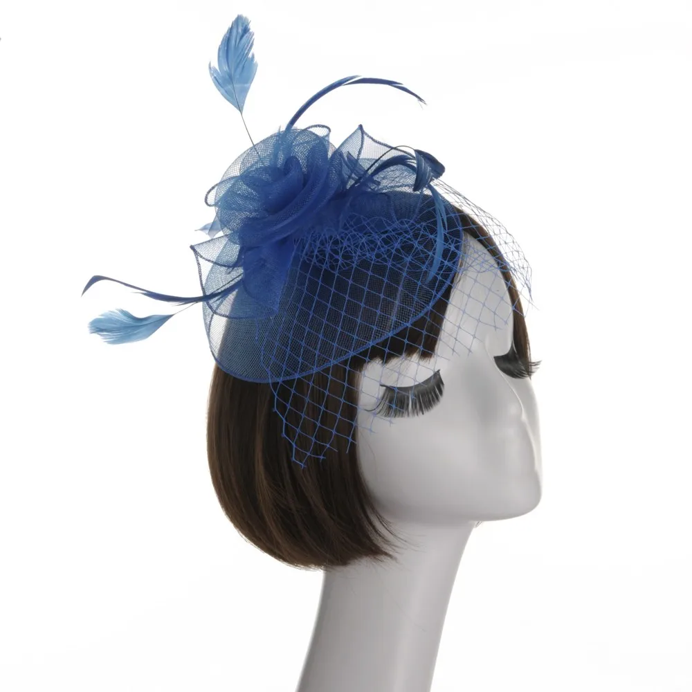 New Women Elegant Wedding Party Hat Fascinator Mesh Ribbons Feathers flowewr Hat pamelas y tocados para bodas - Цвет: Синий