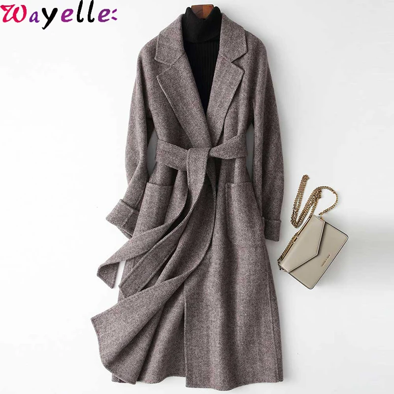 Женское длинное шерстяное пальто, зимнее элегантное темно-серое шерстяное пальто с поясом, отложной воротник, теплые длинные куртки, пальто для женщин