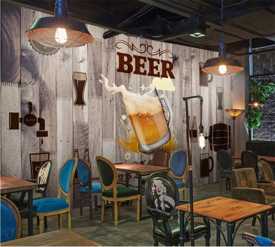 European and American Style Retro Wood Board Background Beer Mural Wallpaper Restaurant Bar KTV Industrial Decor Wall Paper 3D - Цвет: 16320870