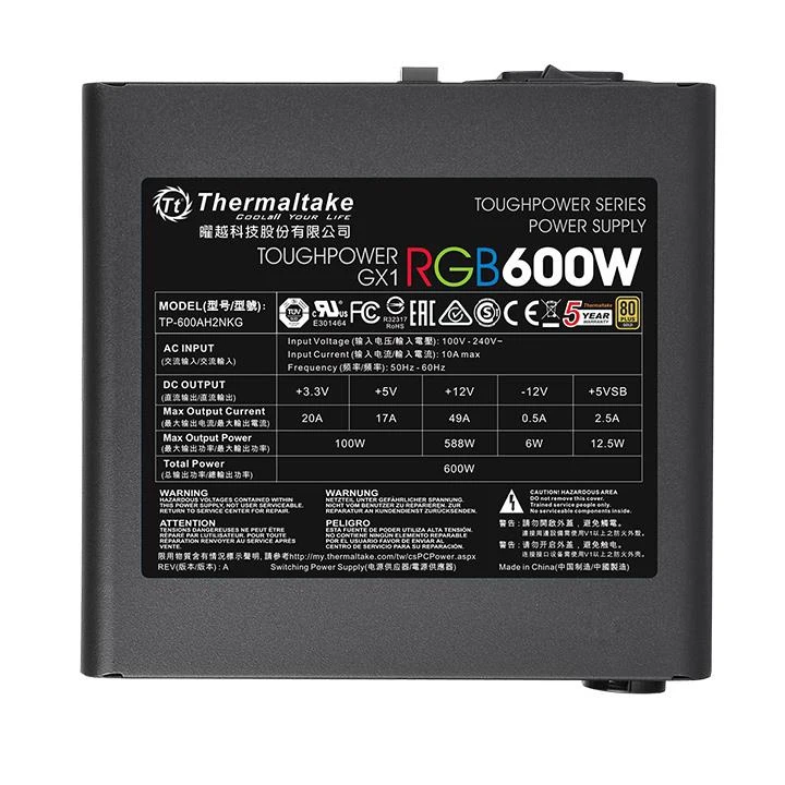Блок питания Thermaltake ATX 600W Toughpower GX1 RGB 80+ gold(24+4+4pin) APFC 120mm fan color LED 8