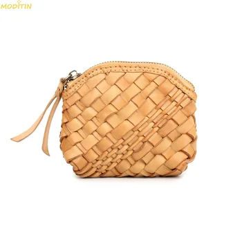 

Retro genuine leather shell wallet art fresh woven coin purse key card Holder Women&Men Zipper change Money Bag MINI Cute Purse