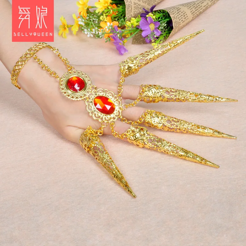 A Buddism Godness Guanyin аксессуары для пальцев золотые длинные ногти представление танец длинные ногти Драгоценный Камень индийский танец рука доступ