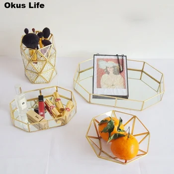 

Nordic Retro Brass Storage Tray Jewelry Plate Golden Polygon Glass Makeup Organizer Tray Dessert Snack Plate Home Kitchen Decor