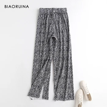 

BIAORUINA Women's Casual Pleated Fabric Zebra Pattern Loose Wide Leg Pants Female High Waist Side Split Fashion Trousers