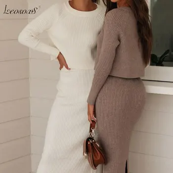 

Two Piece Set Women Skirts Long Sleeve Crop Tops+Pencil Skirt 2 Piece Set women Women Sweater+Knitted Skirt Set Winter Suit