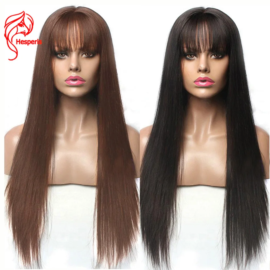 On Sale Human-Hair-Wigs Bangs Lace-Front Hesperis Pre-Plucked Deep-Part Brown 13x6 Brazilian GjJ15eX0