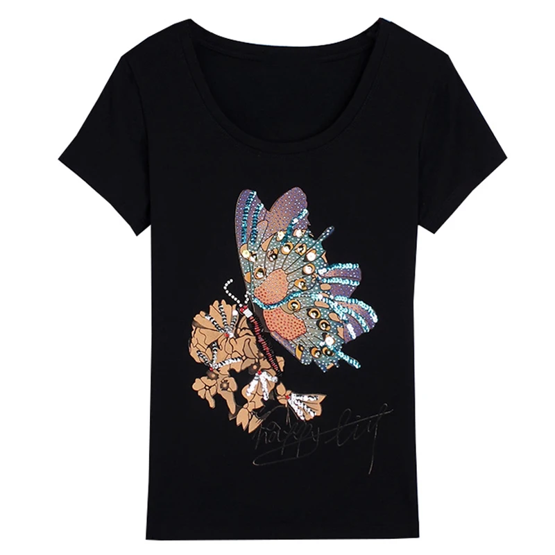 Short Sleeve Cotton T-shirts 2022 Women's Summer Butterfly Personality Handmade Beaded Sequined Tops | Женская одежда