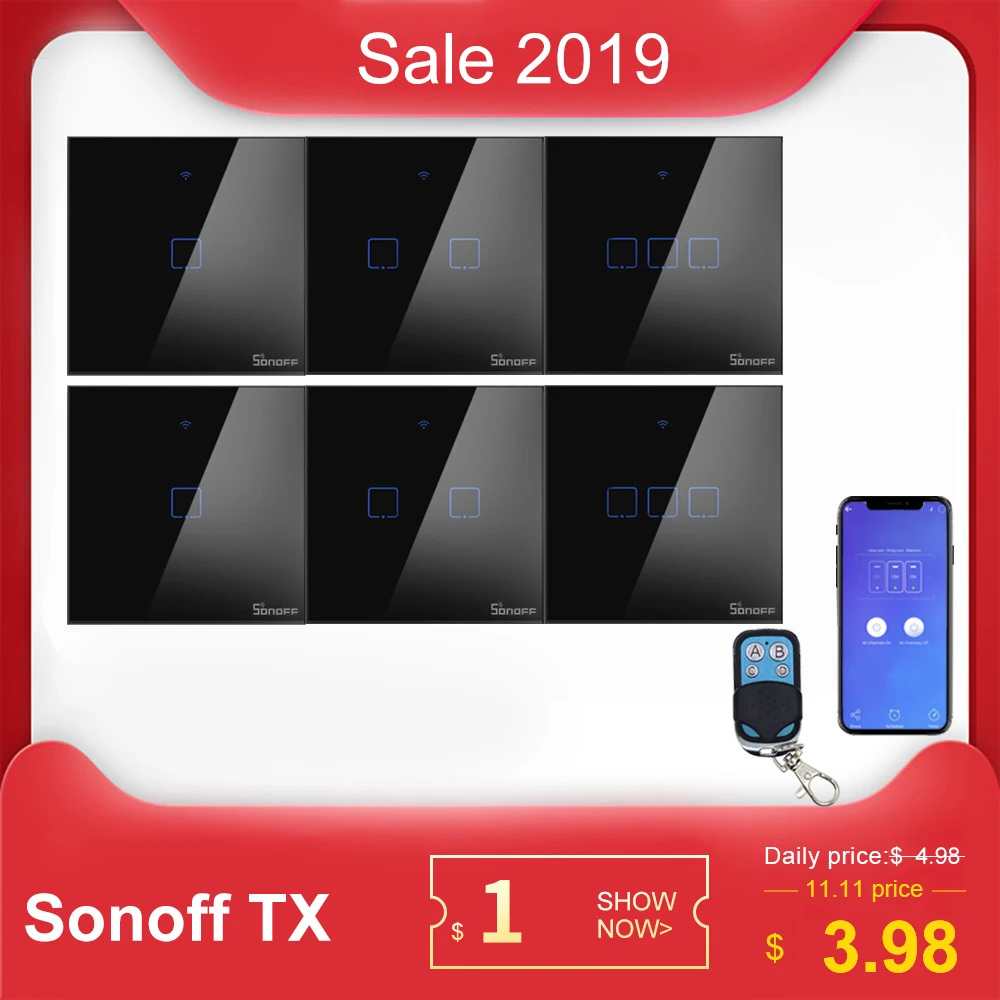 SONOFF TX T3 стандарта ЕС, США, Великобритании, 1/2/3 местный 1 позиционный настенный Панель розетка с переключателем светодиодный Водонепроницаемый черный Eweilink Wi-Fi RF пульт дистанционного управления Управление 433 умный дом