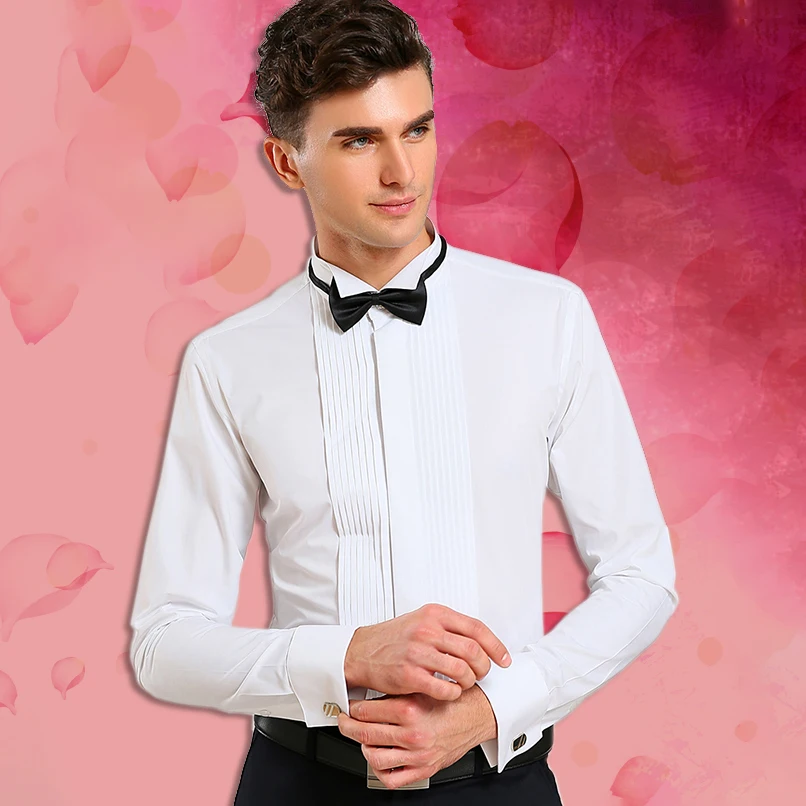 Camisa de esmoquin con cuello de punta de ala para hombre, camisa de manga larga con botón para puños franceses, camisas de boda, ropa blanca y negra, frontal plisado con pajarita