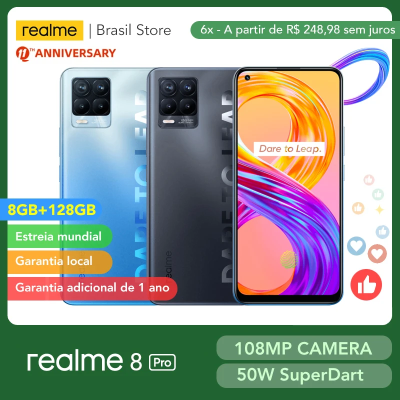 Verdadero yo 8 Pro versión Global 8GB 128GB 108MP 50W SuperDart cargo AMOLED apoyo B2/B4