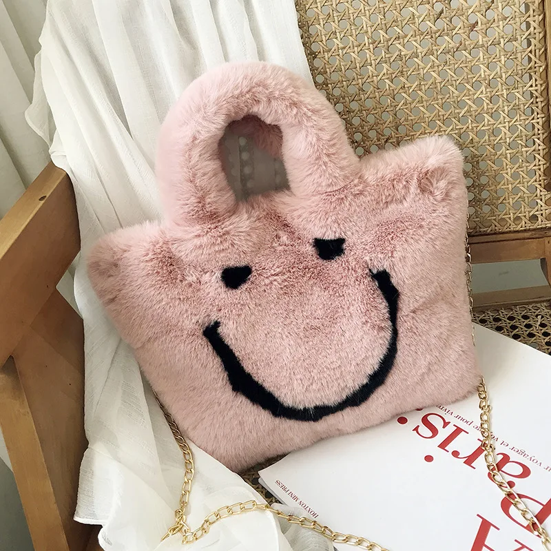 

2019 New Style Faux Rex Rabbit Furry Smiley Handbag Bag Creative WOMEN'S Handbag Bag Clutch Bag