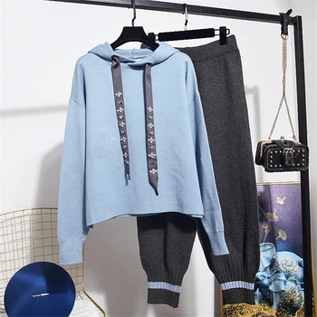 

2020 Autumn Winter Fashion New Set Women Korean Hooded Rhinestone knitted Tracksuit Coat + Casual Pants Women Two Piece Outfits