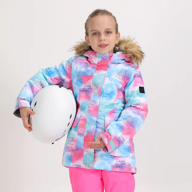 GSOU SNOW Kids Ski Jacket Snowboard Clothing Girls Jacket Windproof Waterproof Fur Hooded Winter Coat Outdoor Sport Wear Warm