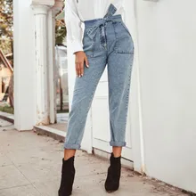 Женские повседневные джинсовые узкие брюки с бантом, женские свободные джинсовые брюки с высокой талией, женские джинсы для мамы размера плюс