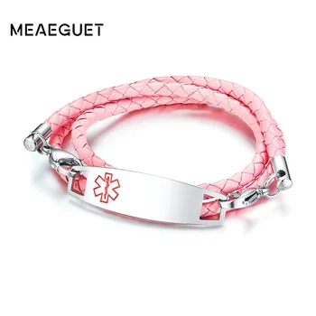

Personalized Tag ID Bracelet Multilayer Leather Women Bangle Pink Red Medical Alert Customized Text Charm Braid Jewelry