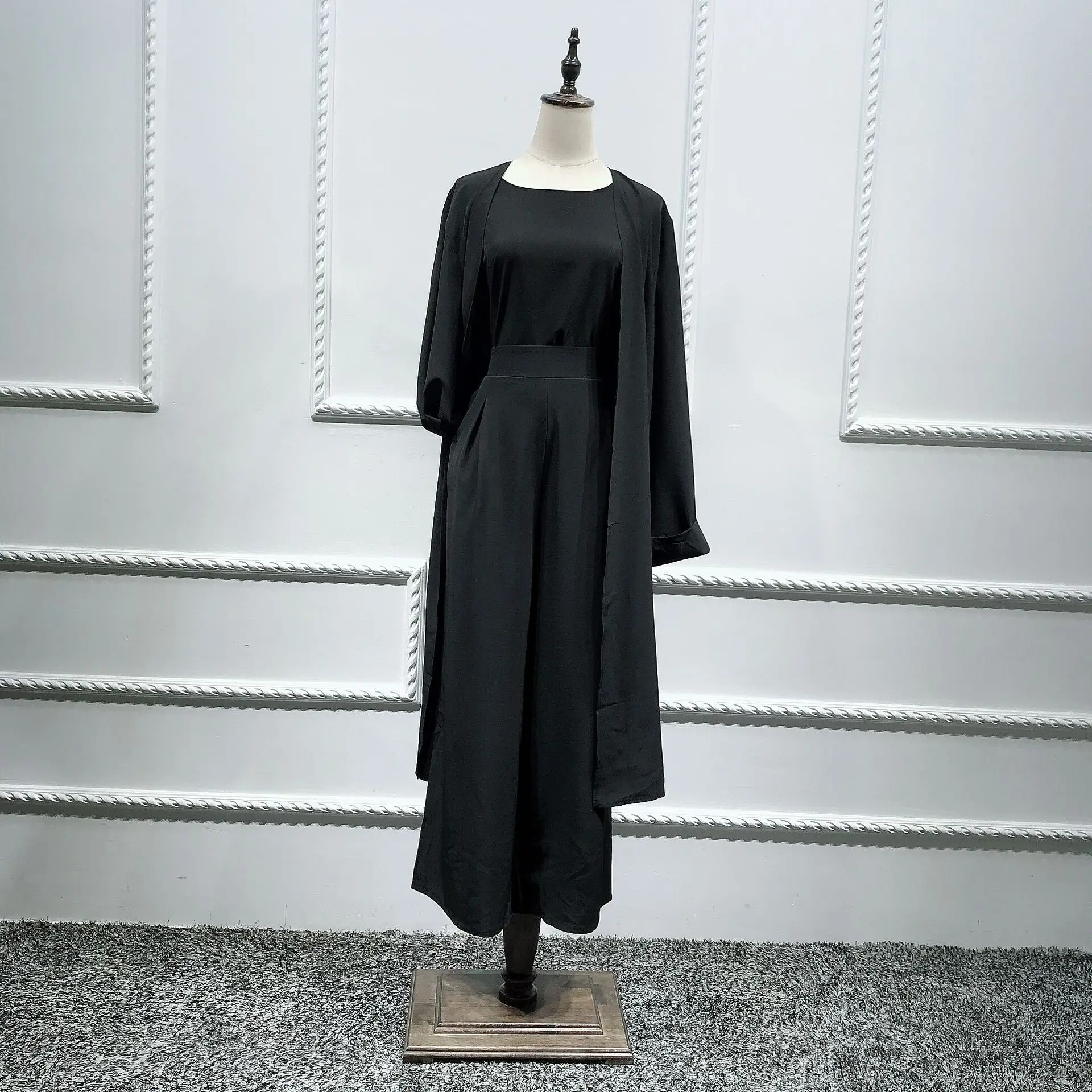 Комплект из 3 предметов, Турецкая абайа рубашка-кимоно, брюки мусульманское платье, кардиган Дубайский кафтан, кафтан, Исламская одежда для женщин, Djellaba Ramadan - Цвет: Черный