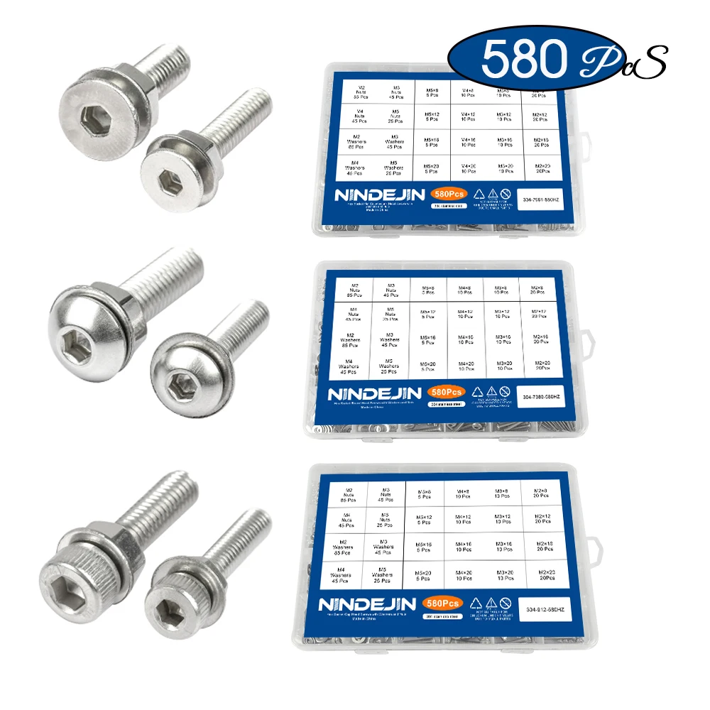 

NINDEJIN 580pcs/set hex socket cap head screw nut set stainless steel m2 m3 m4 m5 hexagon flat round cap head screw assorted kit