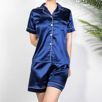 

2020 New Spring Summer Women Faux Silk Pajamas Set Simple Pure Color Leisure Nightwear Short Sleeves Silky Sleepwear