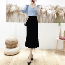 Новинка, летняя женская юбка, тонкая, элегантная, длинная, плиссированная, с хвостом, юбки, розовый, синий, черный, абрикосовый, 9033