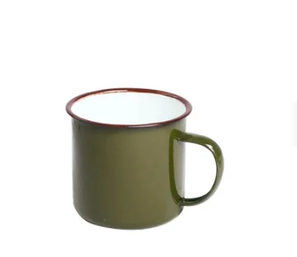 Taza esmaltada sin óxido para acampar, taza con tapa, borde azul, 350ml