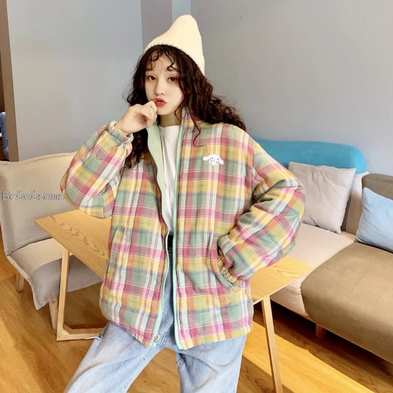Winter New Preppy Style Rabbit Embroidery Powder Plaid Jacket On Both Sides Wearing Thick Warm Jacket Autumn Women's Cotton Coat