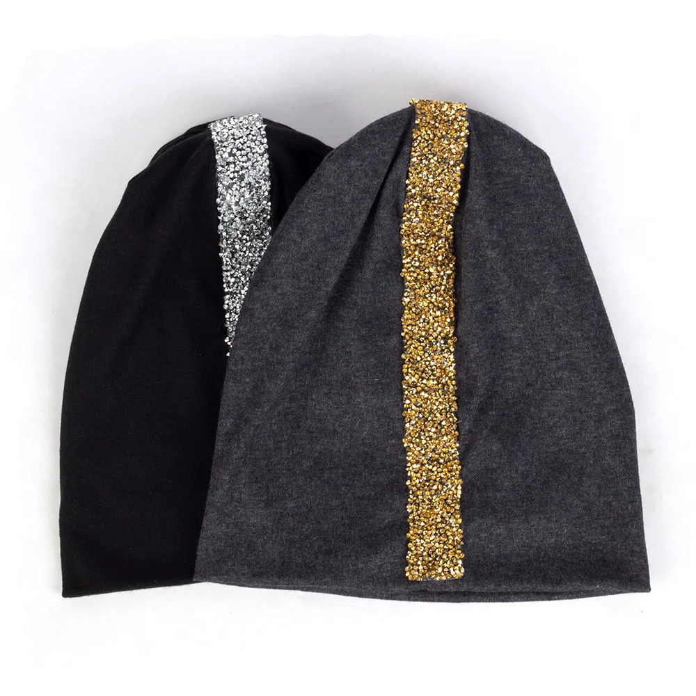 Geebro Women Soft Rhinestones Ribbon Cotton Casual Beanies Hats Solid Color Baggy Slouch Hats and Cap Lady Birthdays Gifts 3