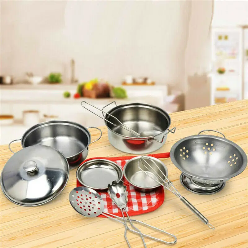 

10PCS Play Kitchen Tableware Toy Stainless Steel Kitchen Toys Utensils House Cooking Pots Pans Toy Cookware Kits for Kids