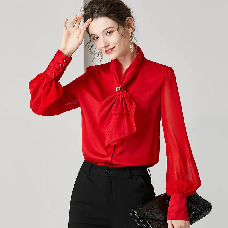 red chiffon silk blouse for women high quality long sleeve 4XL plus size casual sexy office dress shirts fashion dropshipping red chiffon silk blouse for women high quality long sleeve 4XL plus size casual sexy office dress shirts fashion dropshipping