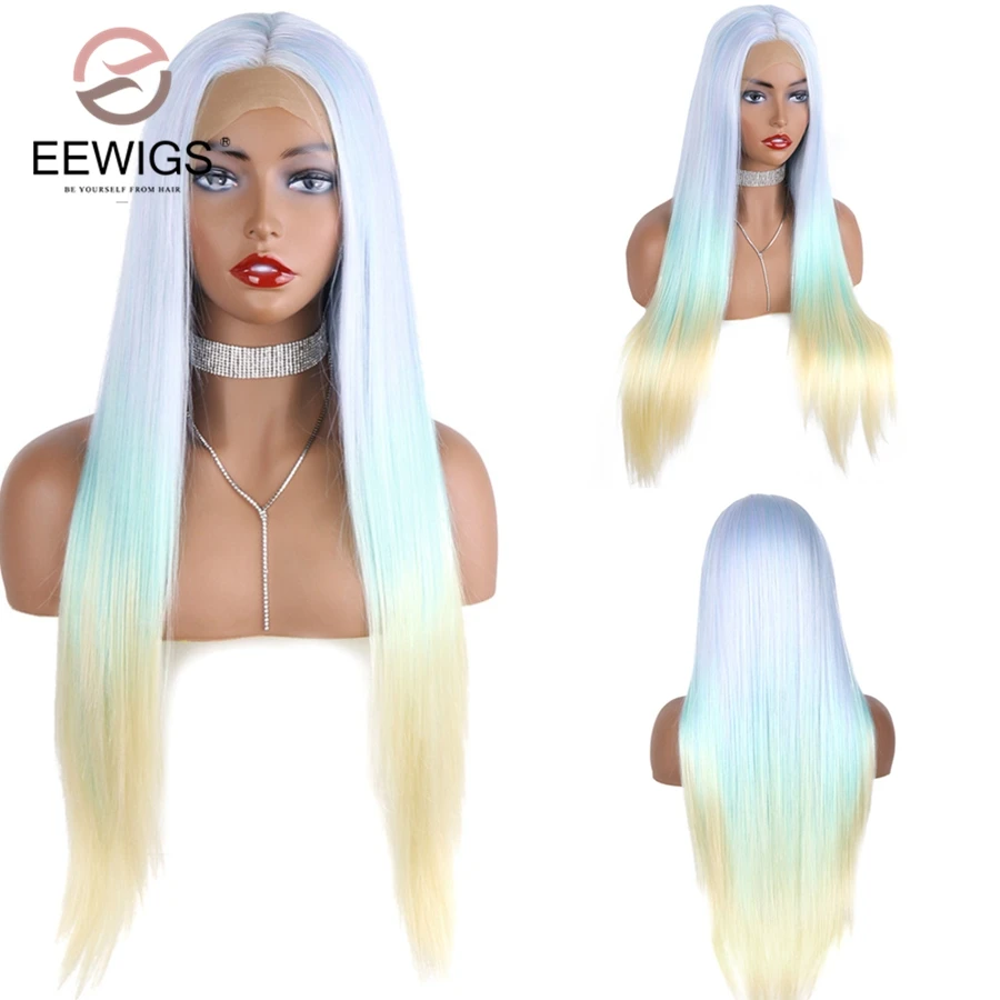 EEWIGS, желтый, Ombre, розовый синтетический парик на кружеве, жаропрочные Длинные прямые парики, высокотемпературные парики для женщин